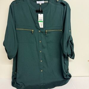 Calvin Klein Dark Green Blouse with Gold Details